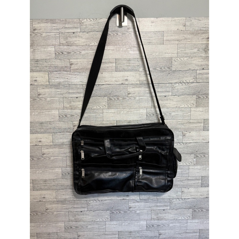 Philippe Amiel Black Leather Multi-Pocket Travel Bag Briefcase Adjustable Strap